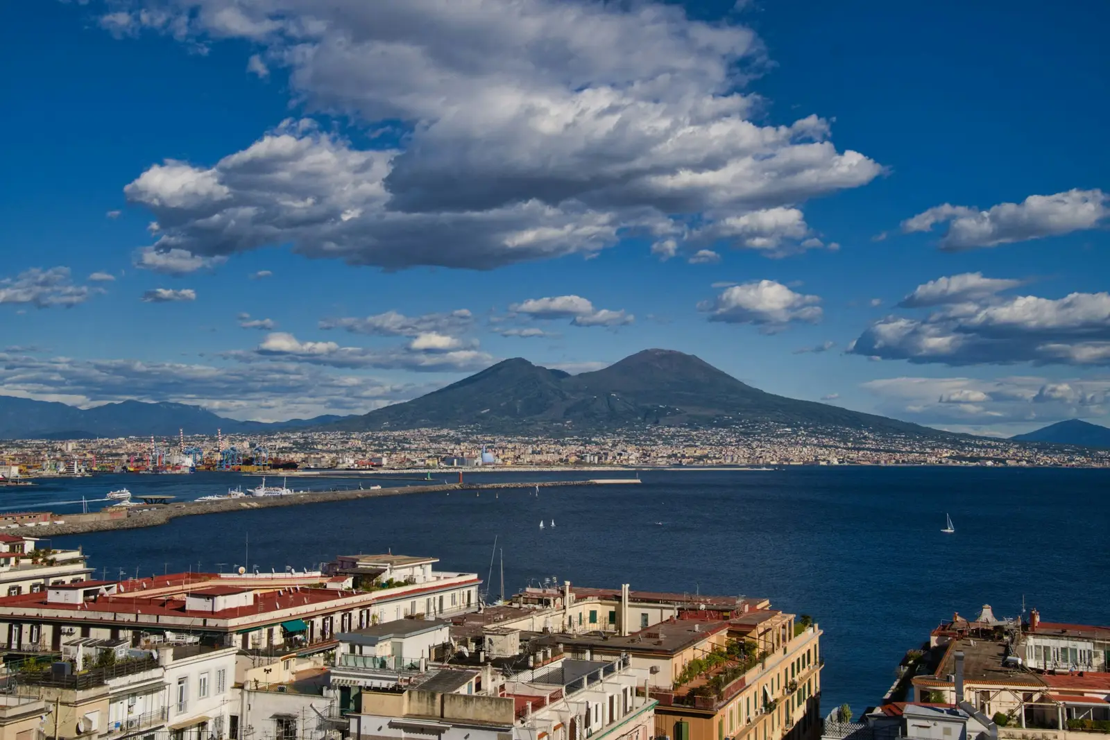 Wide view across Naples and the Bay of Naples toward Mount Vesuvius